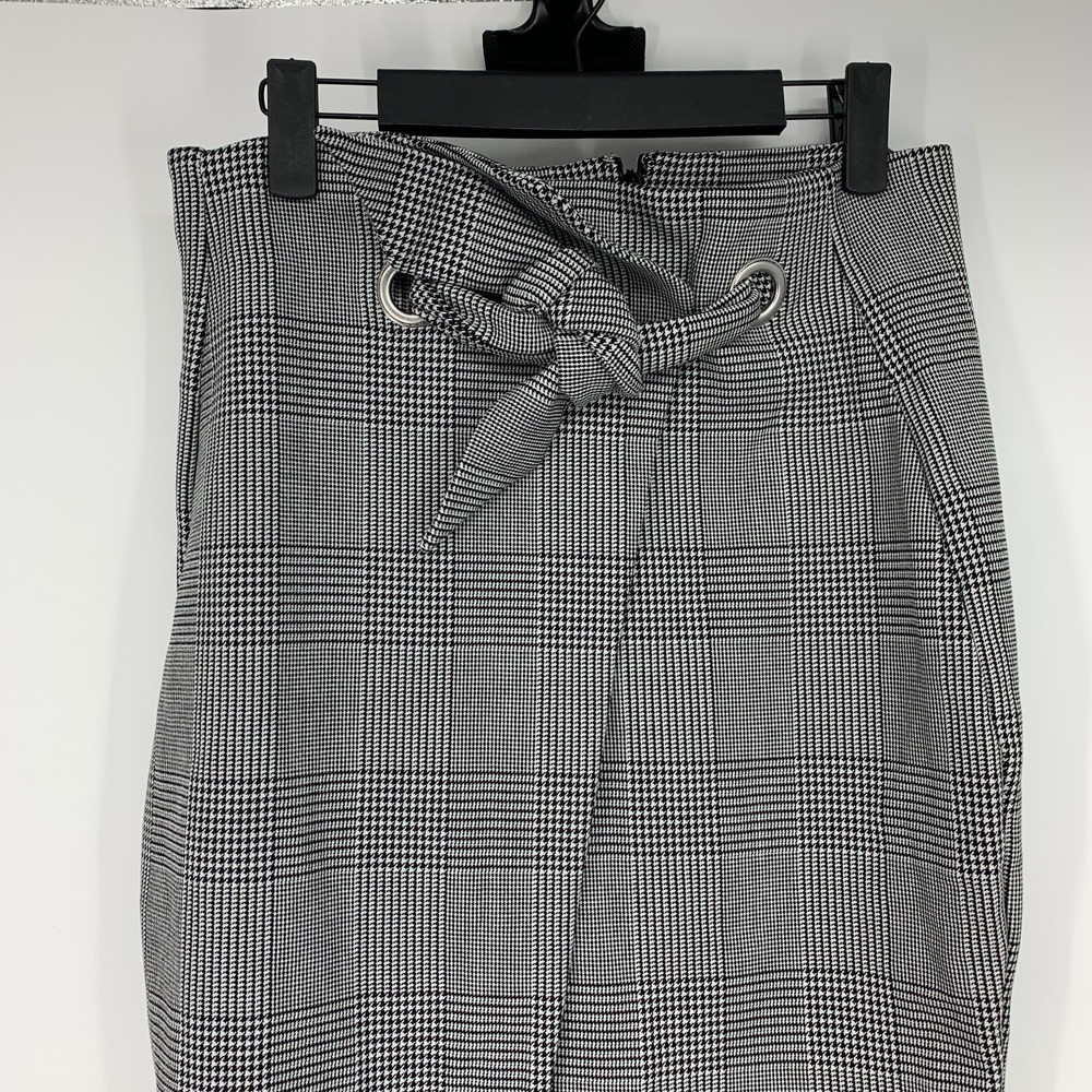 H&M Skirt Glen Plaid Pencil Straight Midi Tie High Waist Slit Womens Size 10 - Picture 3 of 12